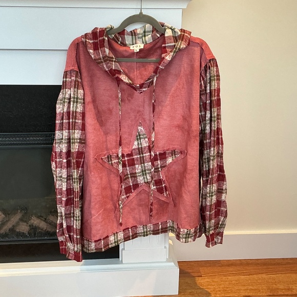 New POL Star Patch Plaid Flannel Long Sleeve Hooded Top Hoodie  Size Large - Picture 6 of 10